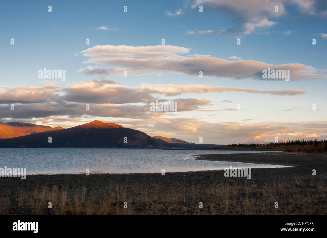 North America; Canada; Yukon Territory; Kluane Lake; Sunset; Autumn colors. Stock Photo