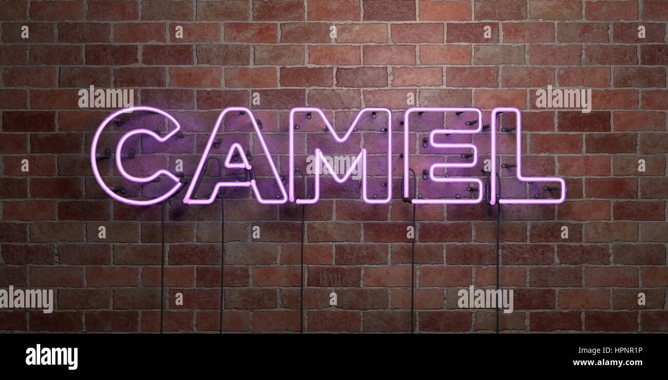 CAMEL - fluorescent Neon tube Sign on brickwork - Front view - 3D