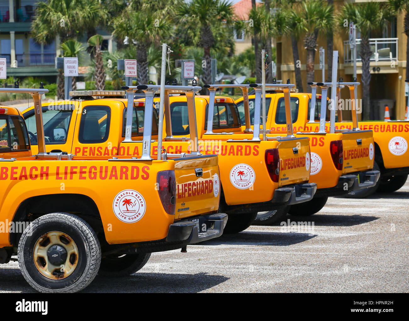 Pensacola Beach, USA May 13, 2015 Several lifeguard pickup trucks parked in a row ready for