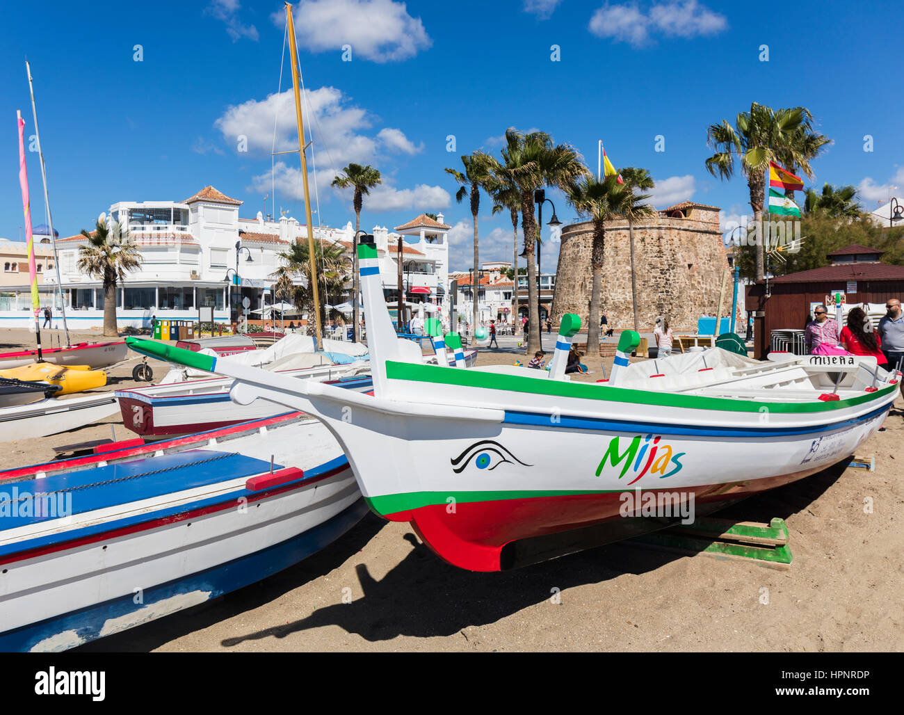 La Cala de Mijas, Costa del Sol, Malaga Province, Andalusia, southern Spain.  A traditional fishing boat known as a jabega.  These days it is mostly b Stock Photo