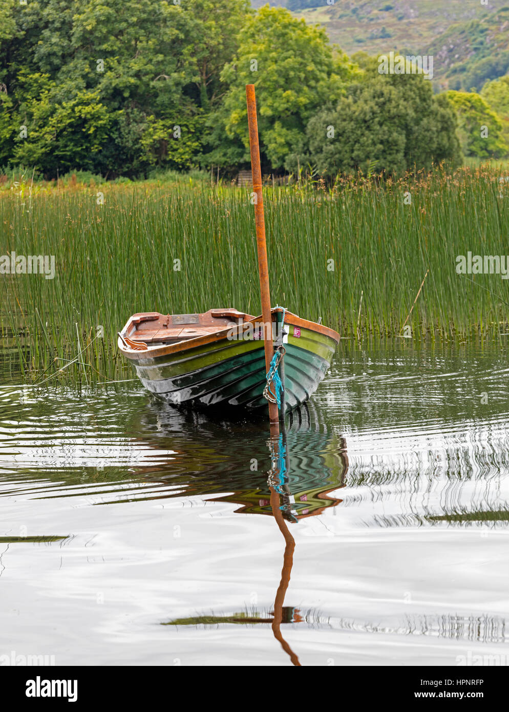 County Cork, Republic of Ireland. Eire. Rowing boat moored on Lough Allua.  This freshwater lake forms part of the Lee River. Stock Photo