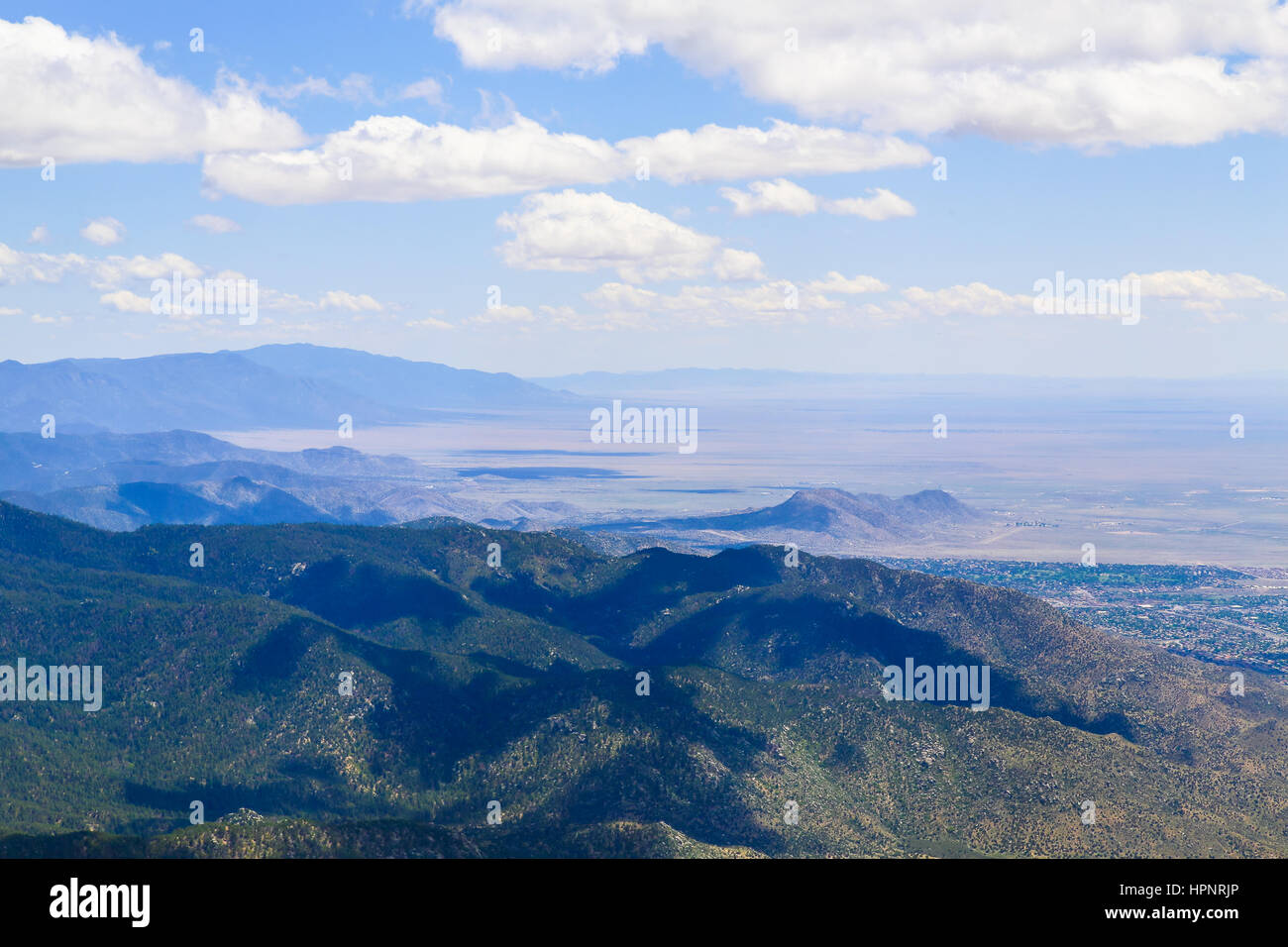 View over the Sandia Mountains and part of Albuquerque, USA, from Sandia Crest. Stock Photo