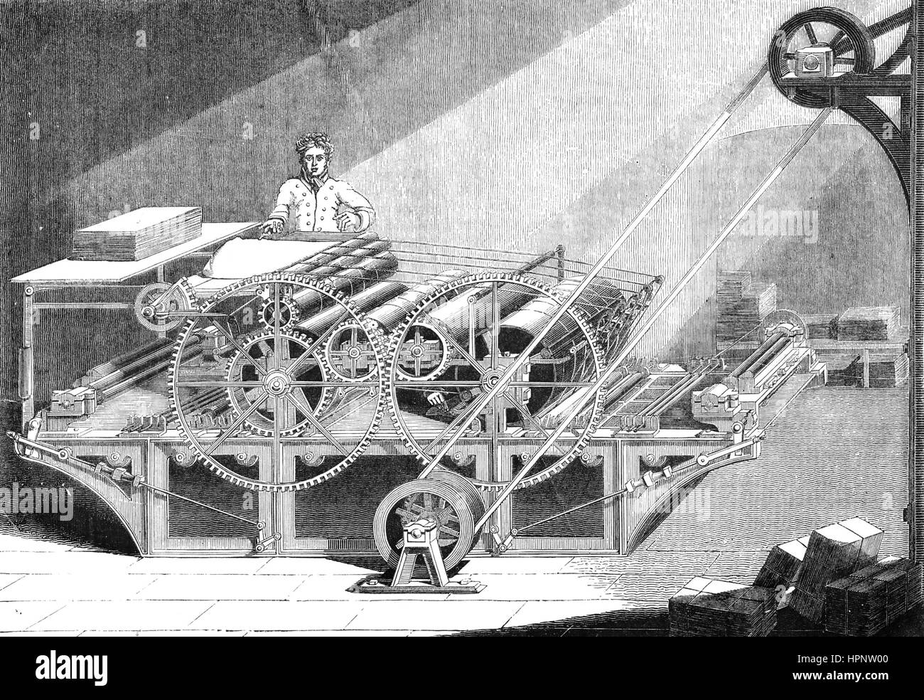 ENGLISH STEAM POWERED PRINTING MACHINE about 1850 Stock Photo