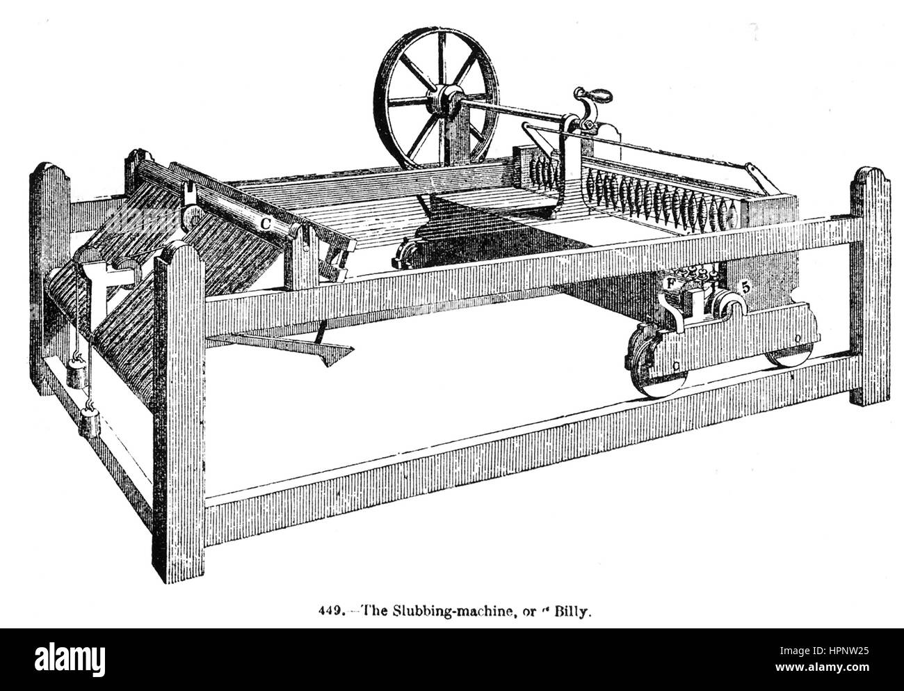 STUBBING MACHINE or Stubbing Billy. It joined the carded lengths of wool and twists them onto a series of spindles. This was often a job for children according to the Penny Magazine of November 1843. Stock Photo
