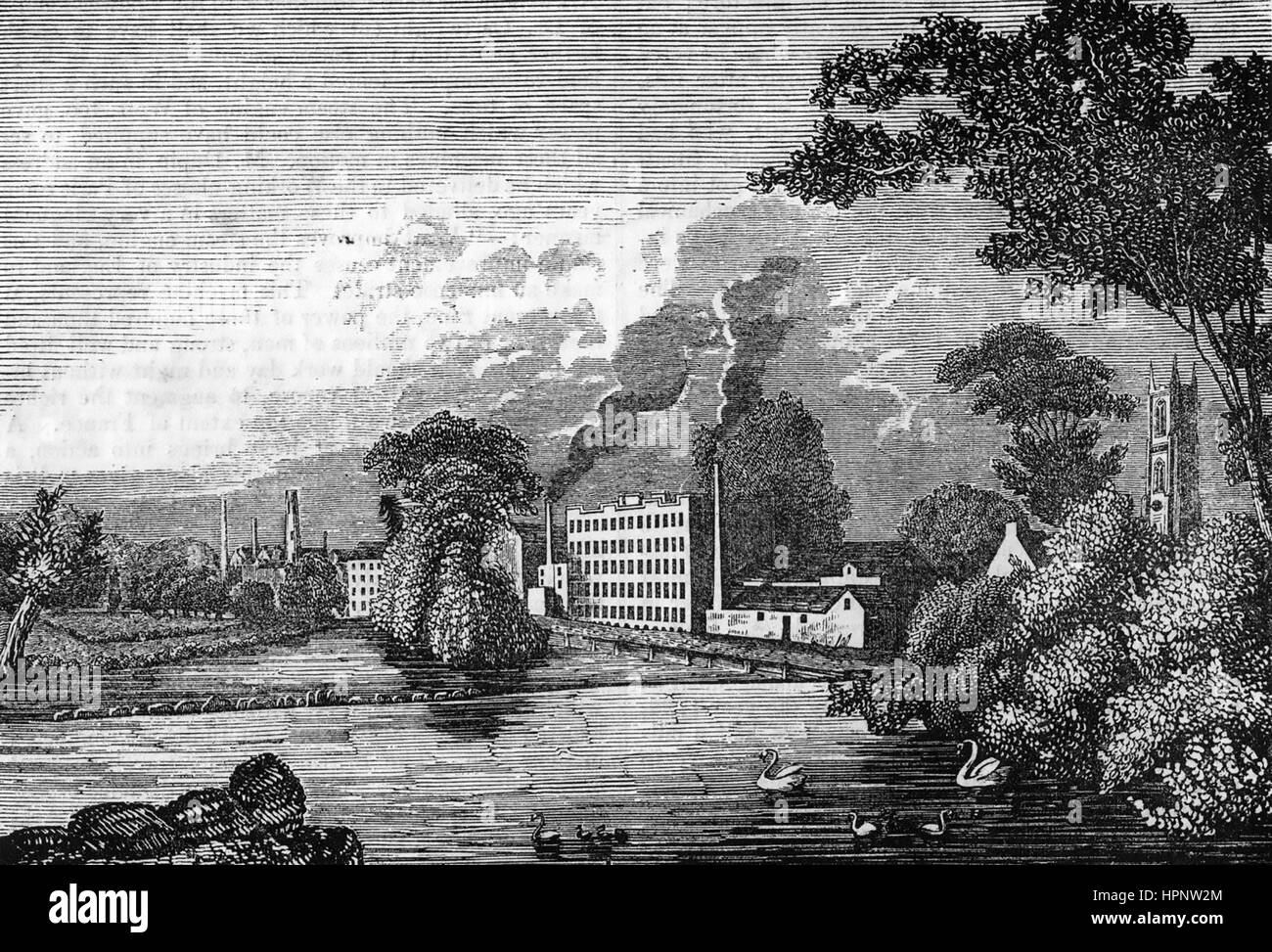 THOMAS LOMBE (1685-1739) English silk merchant. His Derby Mill beside the River Derwent in the 1750s Stock Photo