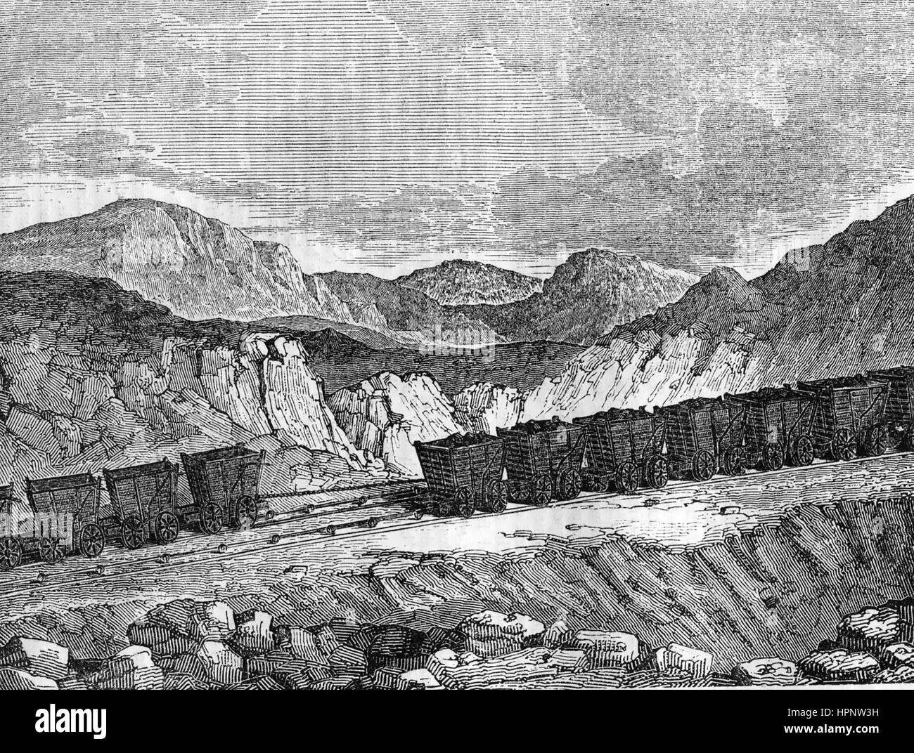 SEAHAM COLLIERY, Durham, England. An 1850 engraving showing the coal trucks going downhill to Seaham harbour and empty trucks returning. Stock Photo