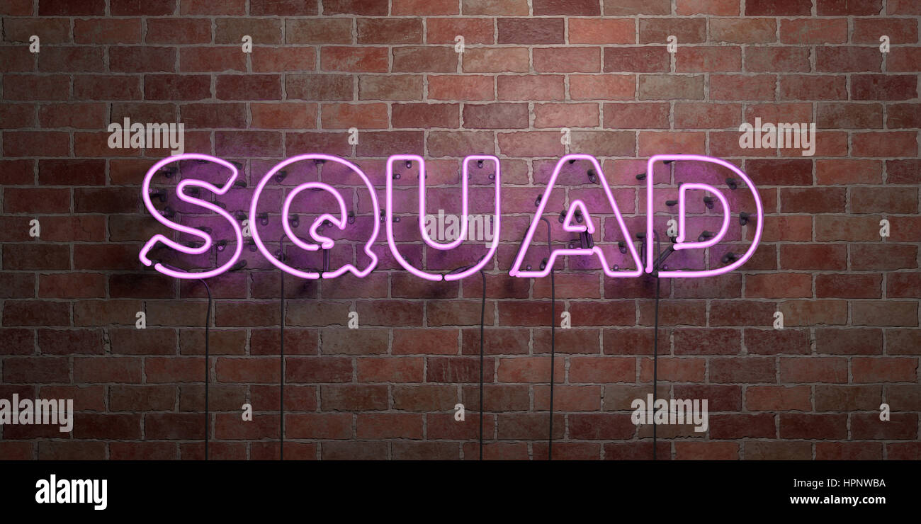 SQUAD Fluorescent Neon Tube Sign On Brickwork Front View 3D SQUAD Fluorescent Neon Tube Sign On Brickwork Front View 3D