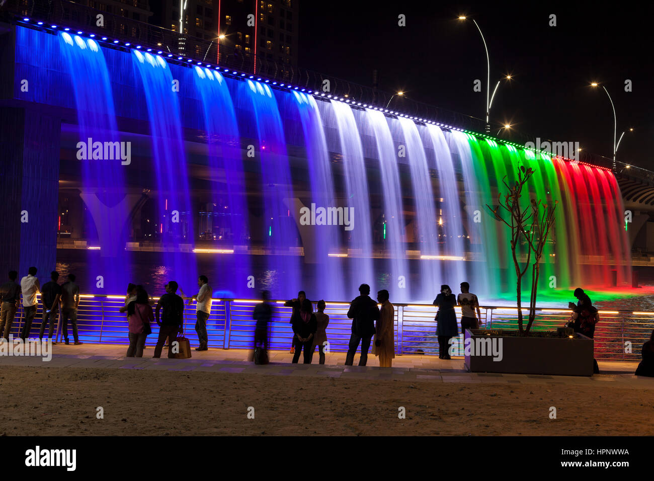 DUBAI, UAE NOV 28, 2016 Colorful illuminated Waterfall in Dubai. The