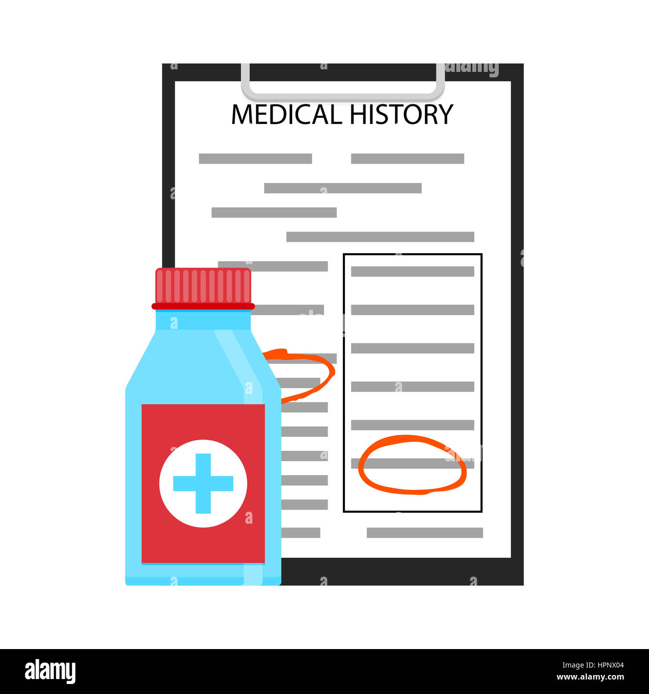 Treatment by medical history. Prescription and receipt, vector illustration Stock Photo