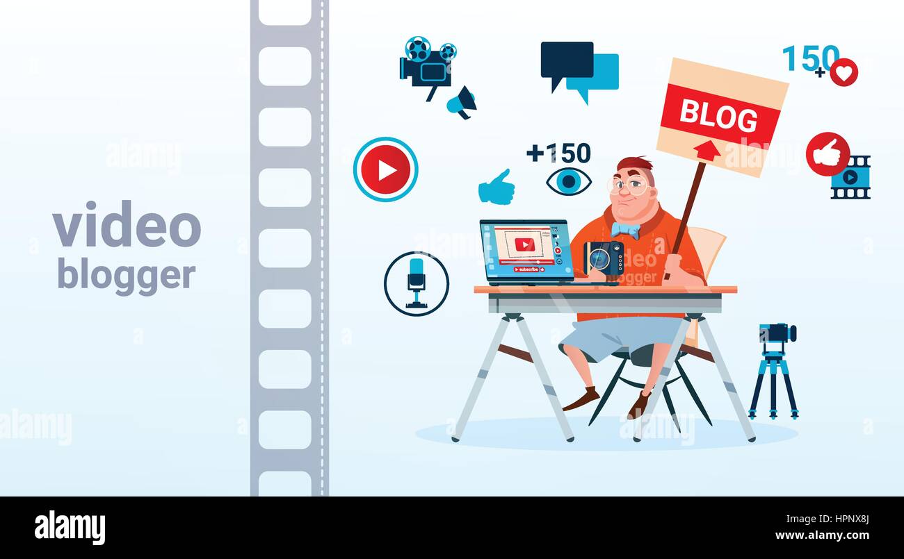 Man Video Blogger Camera Computer Screen Blogging Subscribe Concept ...