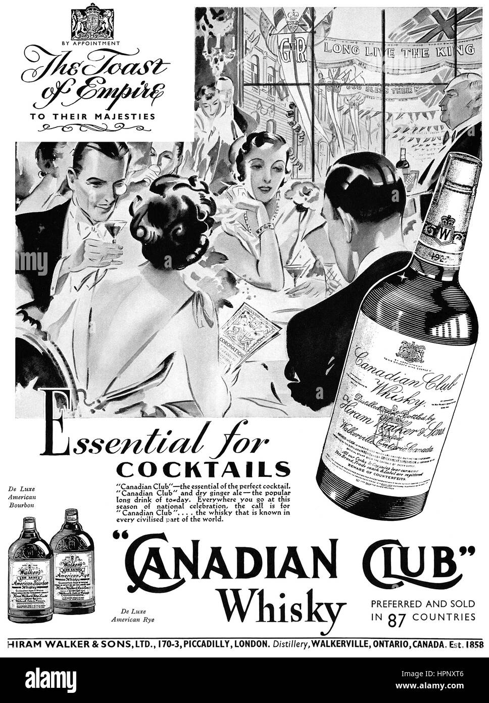 1937 British advertisement for Canadian Club Whisky, celebrating the coronation of King George VI. Stock Photo