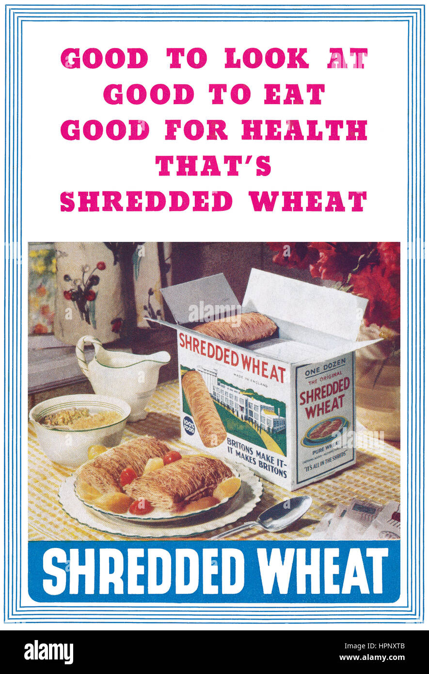 1937 British advertisement for Shredded Wheat breakfast cereal. Stock Photo