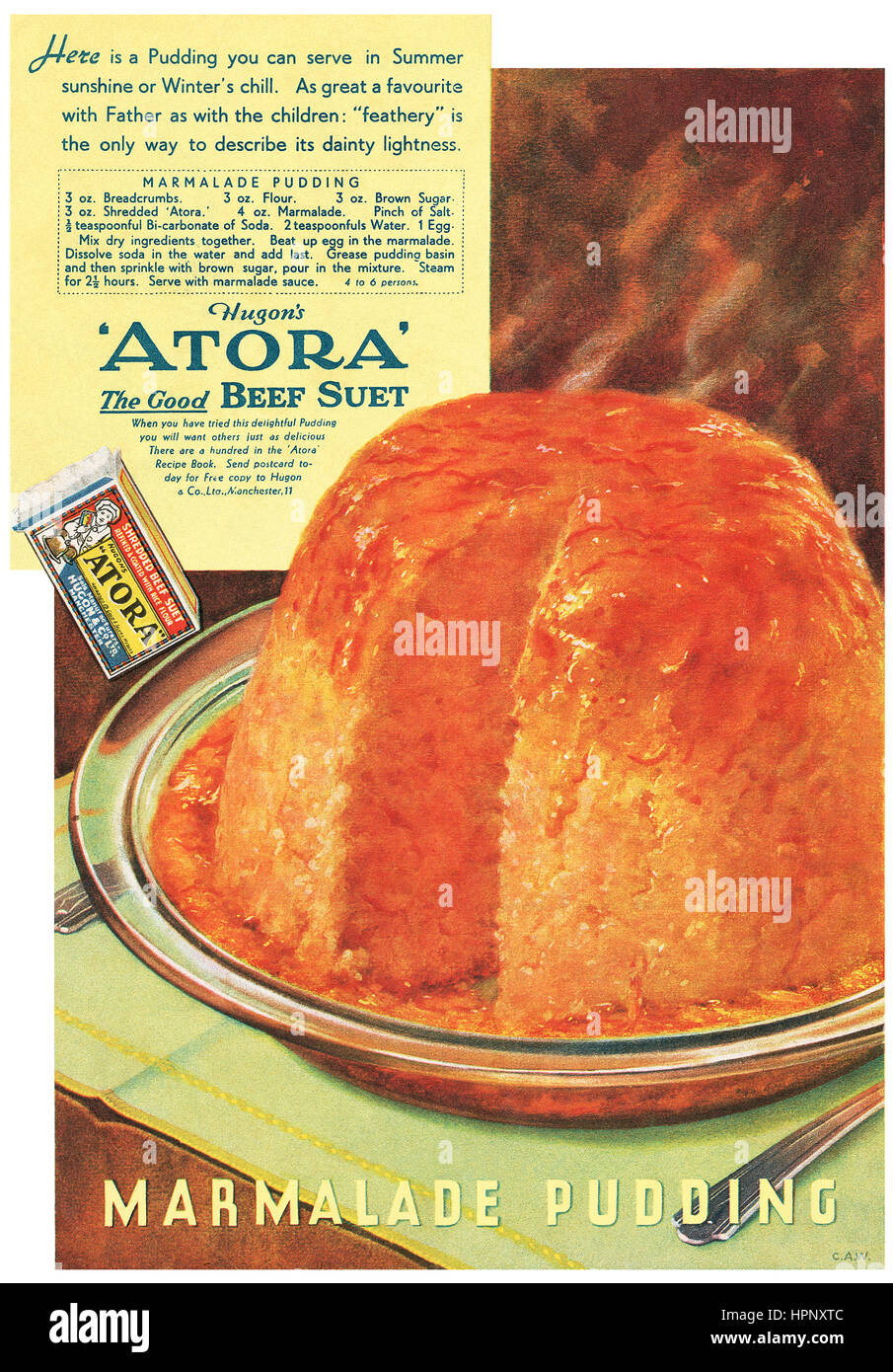 1938 British advertisement for Hugon's Atora Beef Suet. Stock Photo