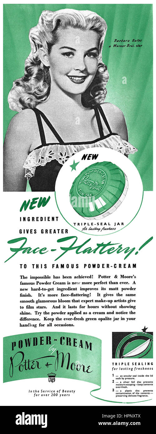 1949 British advertisement for Potter & Moore Powder-Cream cosmetic, featuring actress Barbara Bates. Stock Photo