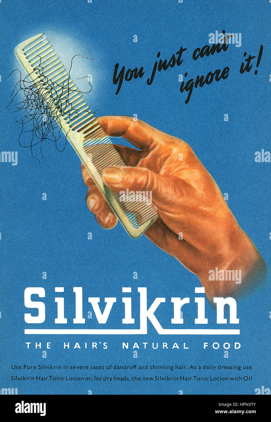 1949 British advertisement for Silvikrin Hair Tonic Lotion. Stock Photo