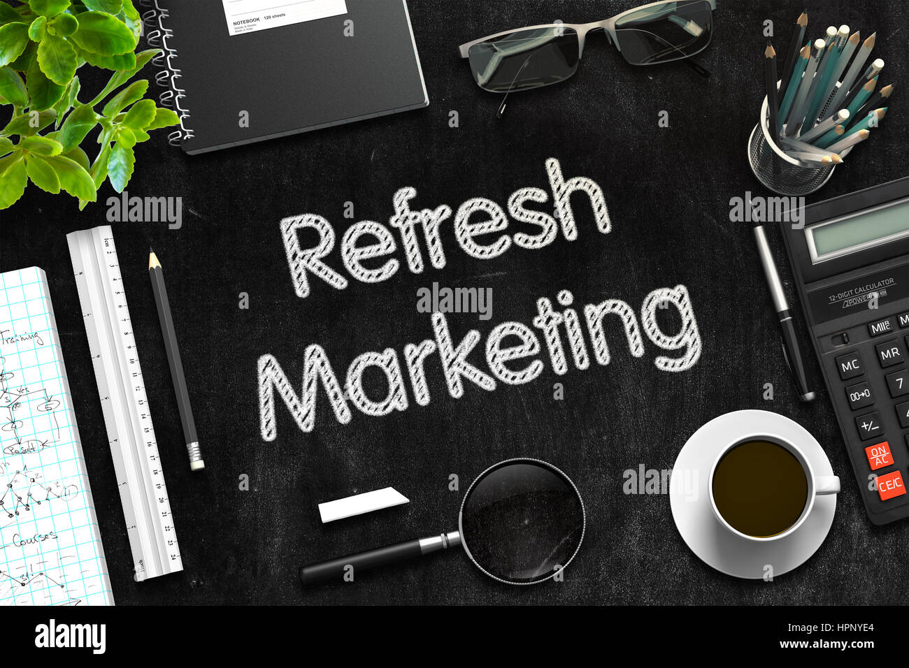 Refresh Marketing Concept on Black Chalkboard. 3D Rendering. Stock Photo