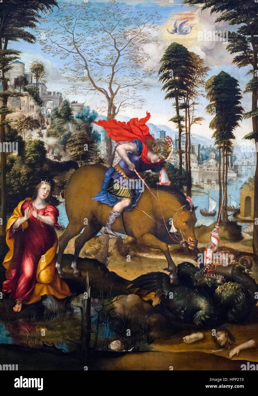 St George and the Dragon by Sodoma (1477-1549), oil on panel, c.1518 Stock Photo