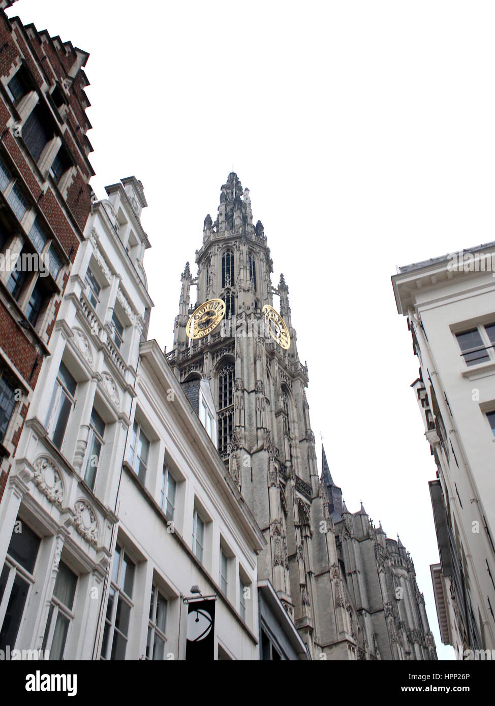 Tower of the Cathedral of our Lady (Onze-lieve-vrouwekathedraal) seen from Grote Markt (Great Market Square), Antwerp, Belgium. Stock Photo