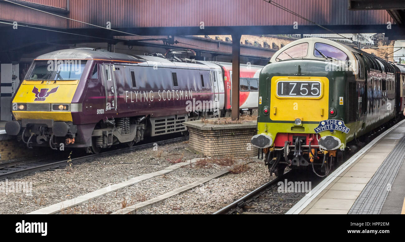 Class 91 Electric Train Flying Scotsman Stands Beside Preserved Stock Photo Alamy