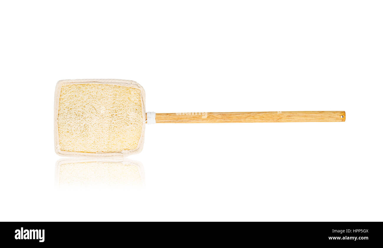 Wooden loofah or loofah brush for scrub body isolated on white