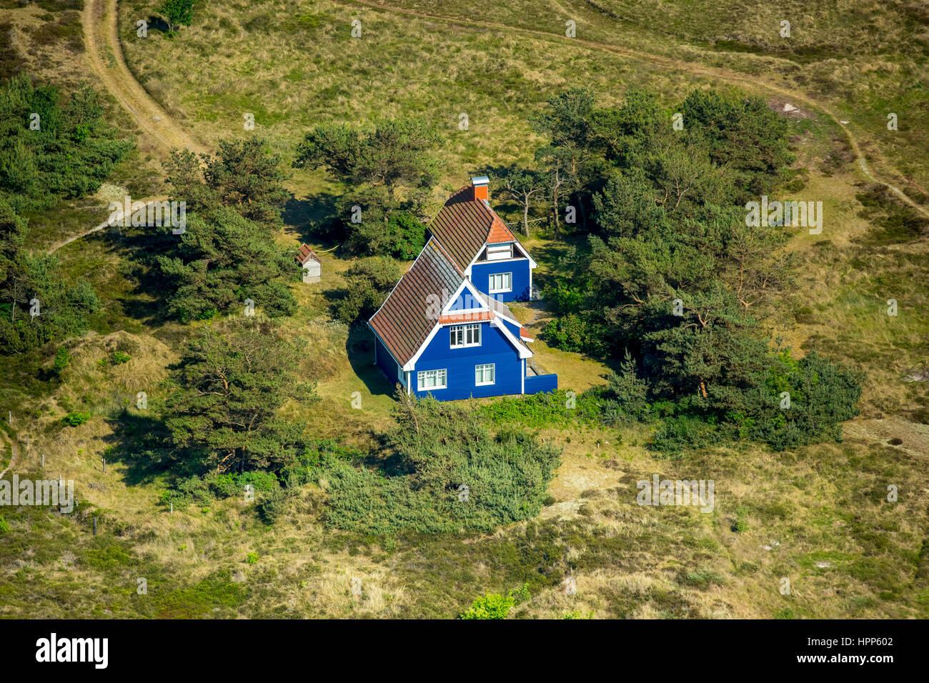 Blue house in dune heath, dunes, Vitte, Island Hiddensee, Baltic coast, Mecklenburg-Western Pomerania, Germany Stock Photo