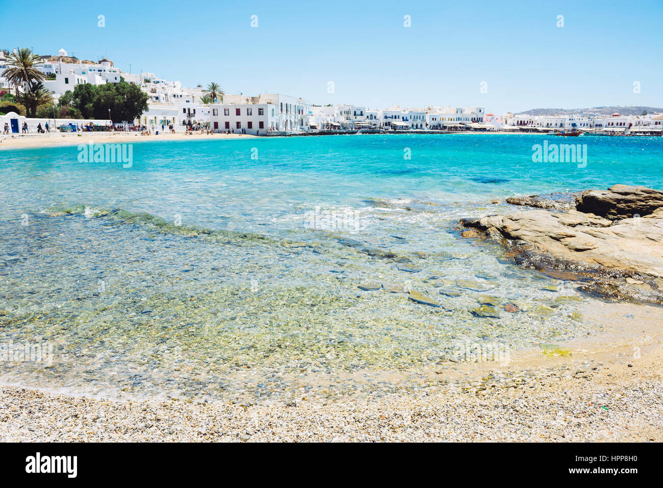 Greece, Mykonos, view to the city from Agia Anna Beach Stock Photo
