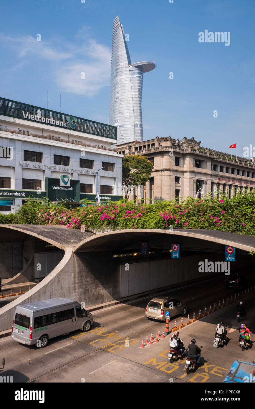 Road tunnel entrance going under the Saigon river, Ho Chi Minh City