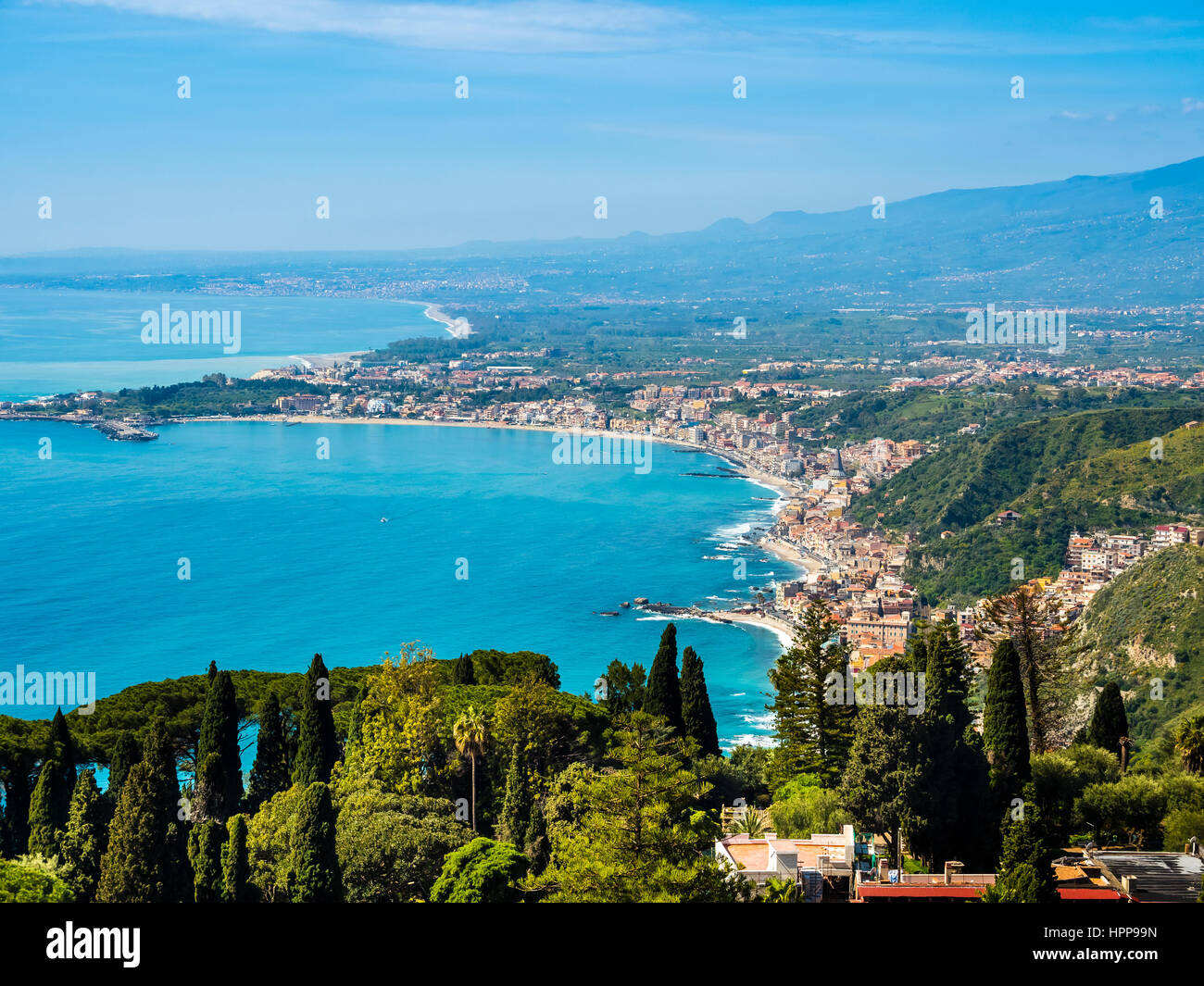 Italy, Sicily, Taormina, view to the coast from above Stock Photo