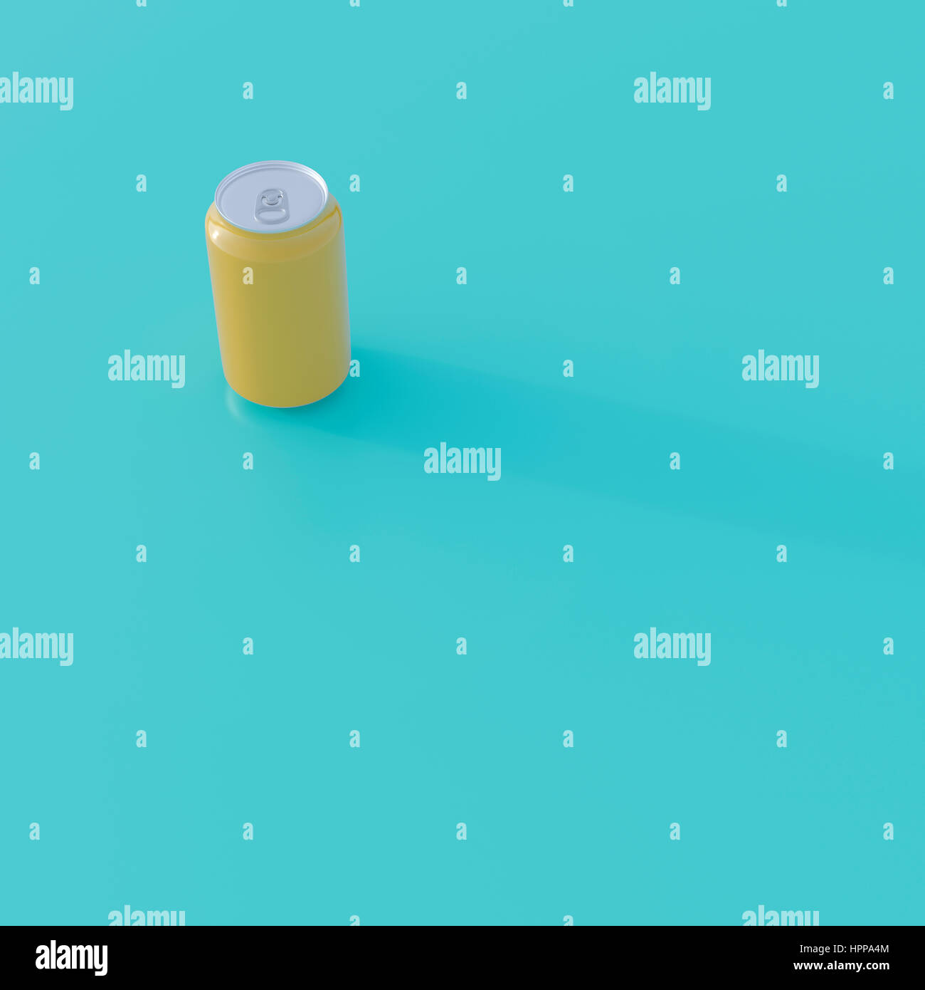 Yellow beverage can on turquoise ground, 3D Rendering Stock Photo