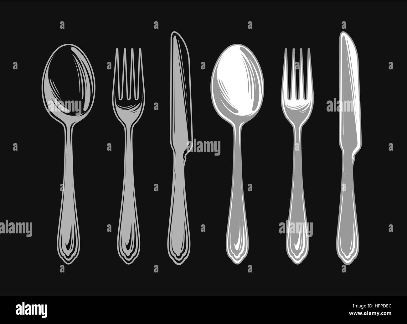 Set of fork, spoon and knife. Cutlery tableware. Elements for design menu restaurant or cafe, diner Stock Vector