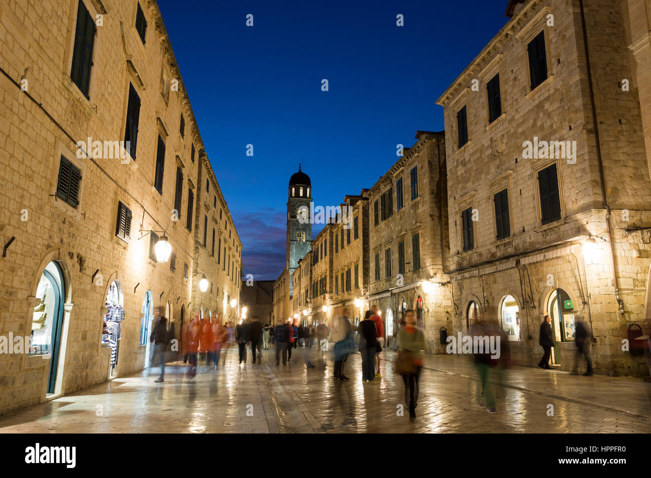 Stradun in the old town of Dubrovnik, Croatia in the blue hour after sunset Stock Photo