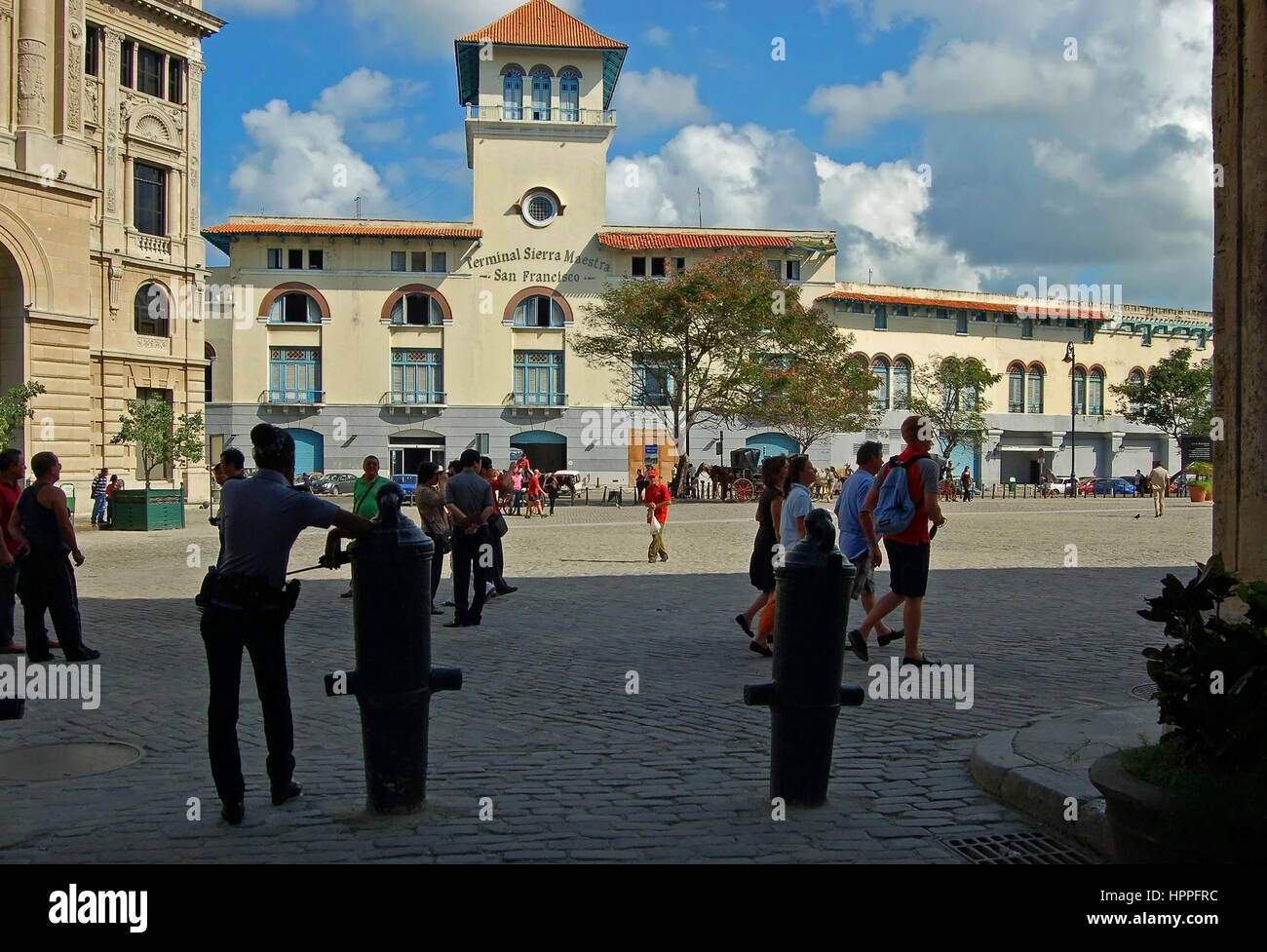 Plaza de San Francisco,  View across Plaza towards the Old Customs House and Shipping Terminal, Havana, Cuba. Stock Photo