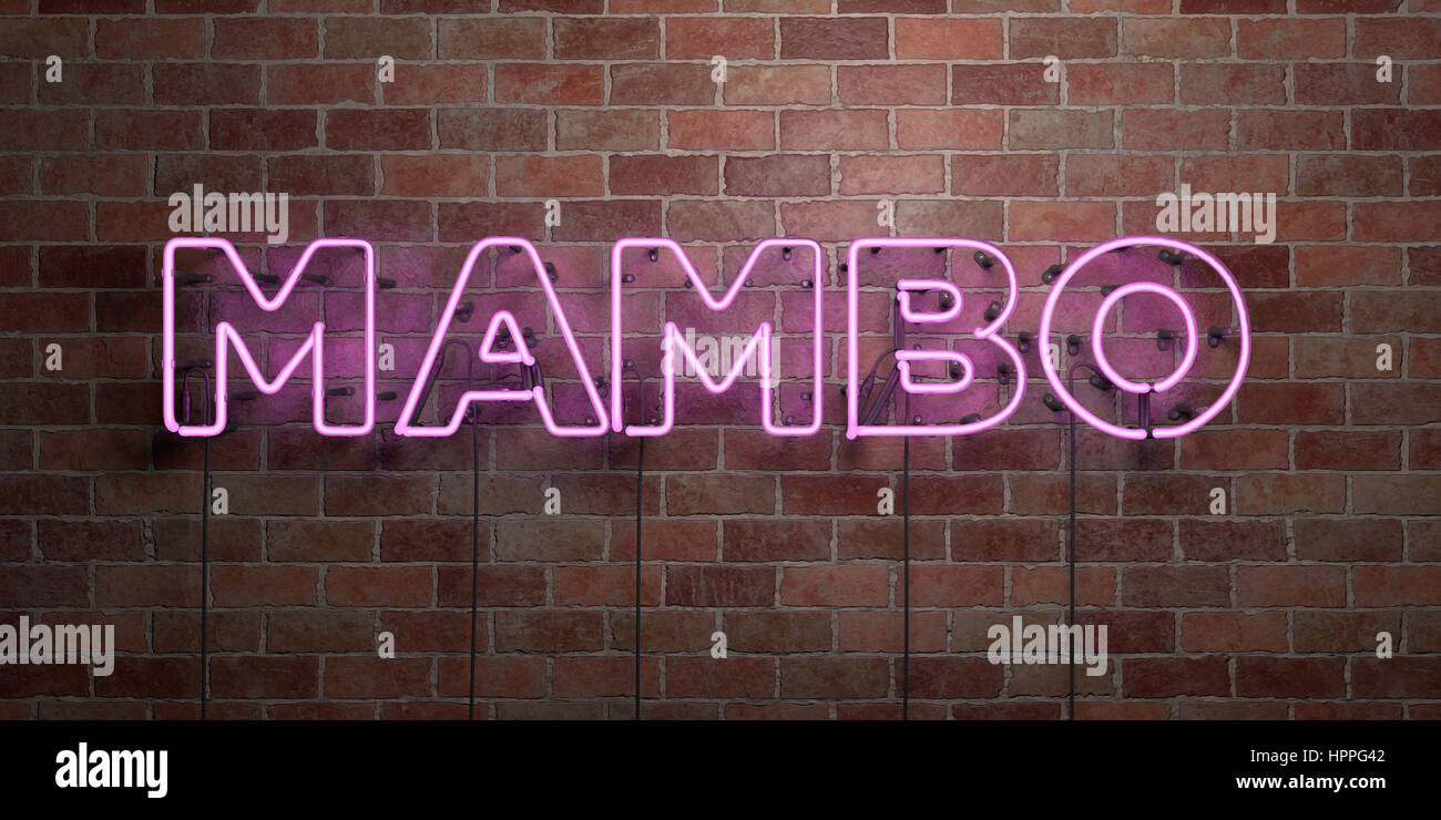 MAMBO - fluorescent Neon tube Sign on brickwork - Front view - 3D rendered royalty free stock picture. Can be used for online banner ads and direct ma Stock Photo