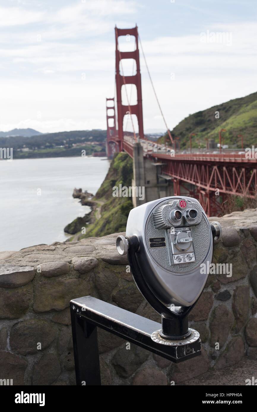 Coin operated binoculars at the Golden Gate Bridge observation area in San Francisco, CA, USA. Stock Photo