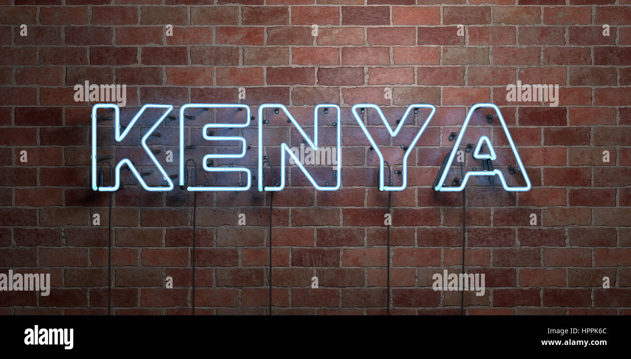 KENYA fluorescent Neon tube Sign on brickwork Front view 3D