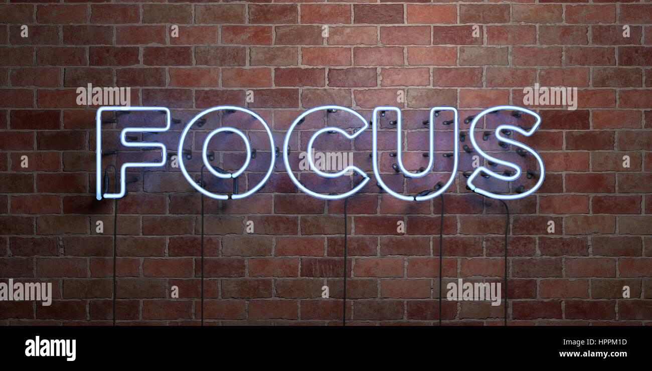 FOCUS - fluorescent Neon tube Sign on brickwork - Front view - 3D ...