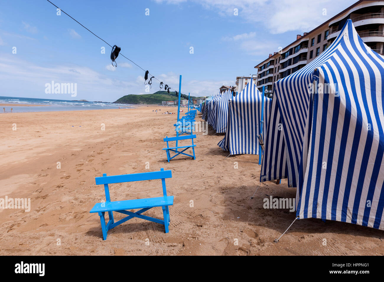 Beach hut, awnings on Zarautz beach, Gipuzkoa, Spain Stock Photo