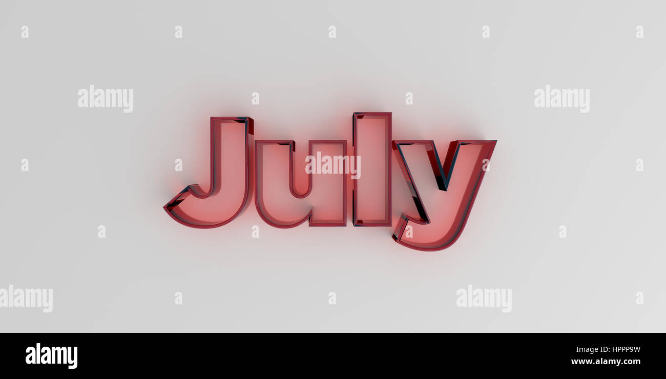 July - Red glass text on white background - 3D rendered royalty free ...
