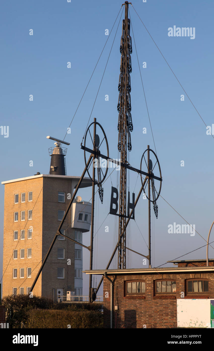 The semaphore, a sea sign, the wind direction and wind force, now part of the city museum Cuxhaven, still stands by the Old Love in the harbor, Stock Photo
