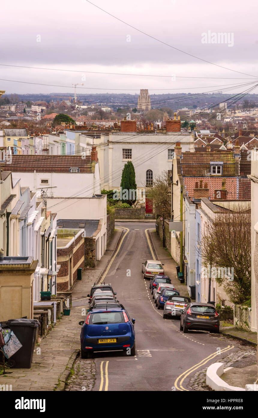 Looking down Sutherland Place in Bristol. A steep road descending