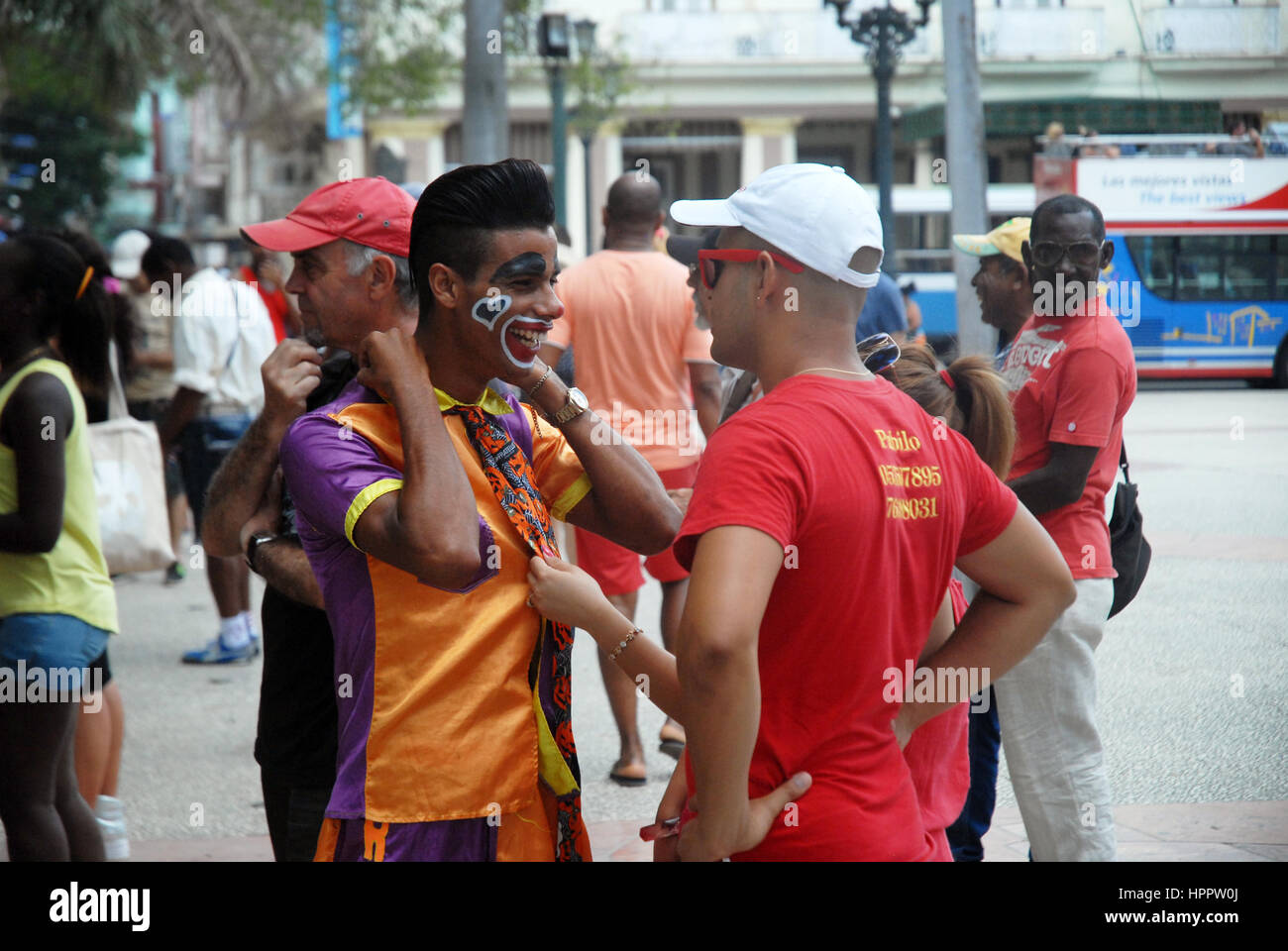 Clown getting ready to entertain people in the Parque Central, Havana, Cuba. Stock Photo
