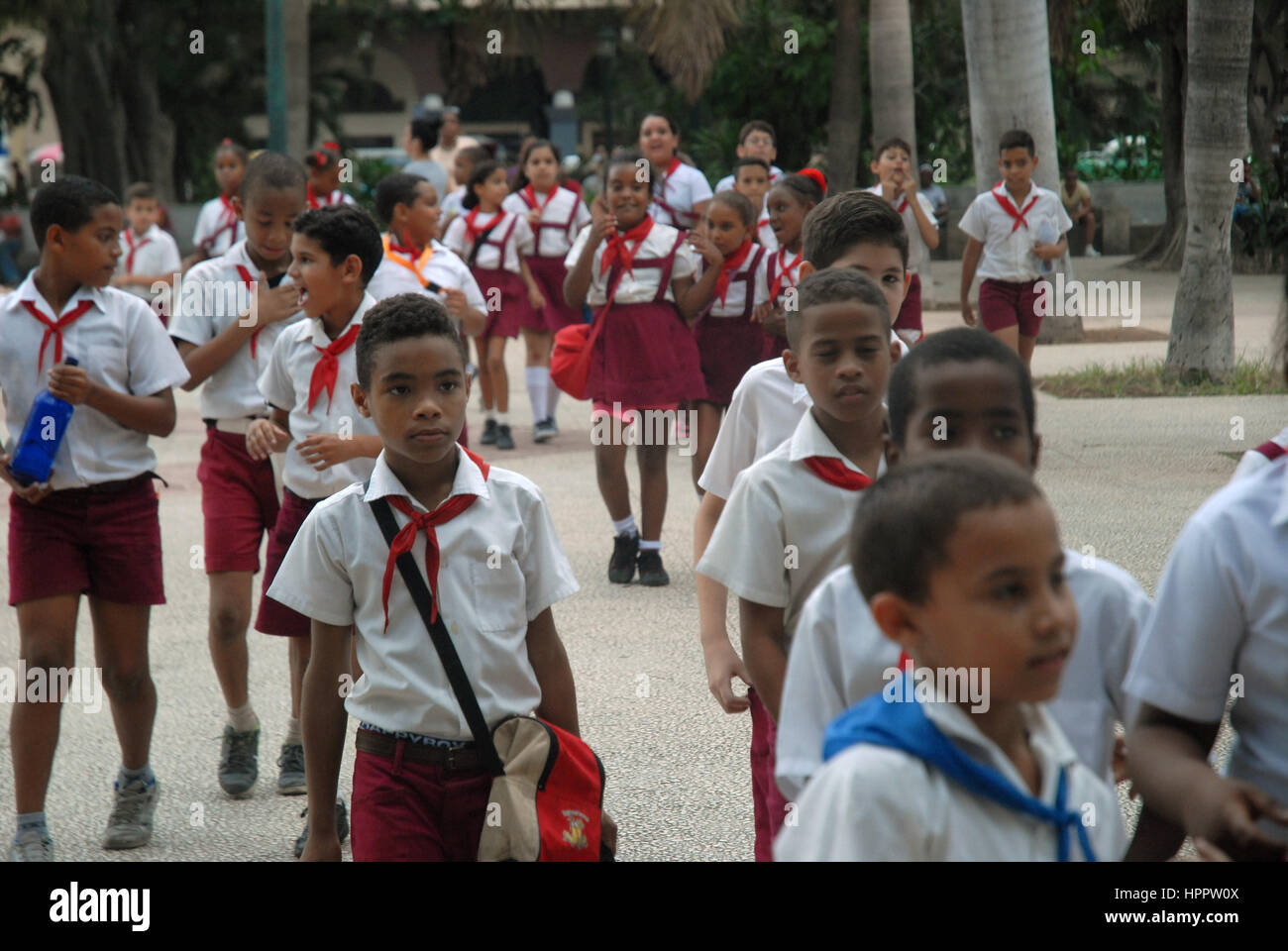Young school children in the Parque Central, Havana, Cuba. Stock Photo