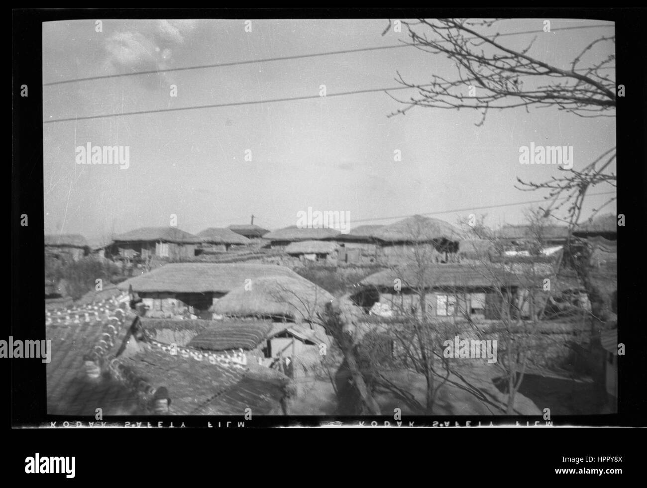 Overall shot above village during the Korean War in the 1950s Stock Photo