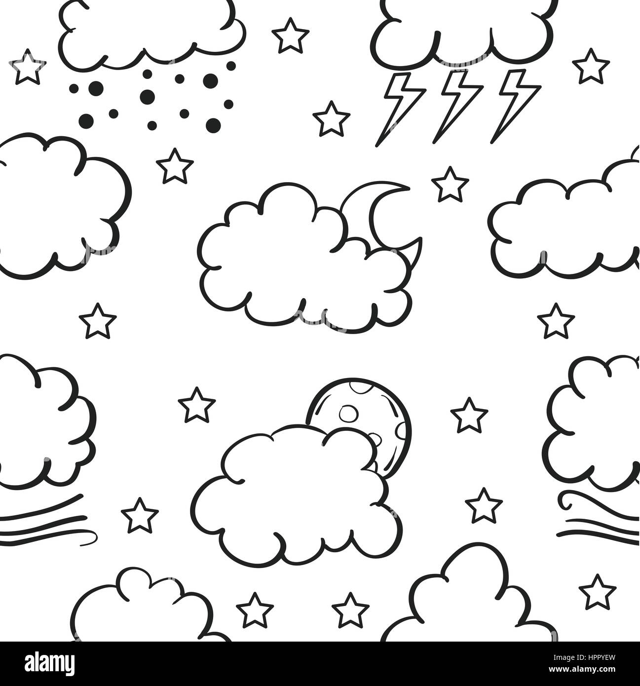 Doodle weather set cloud thunder Black and White Stock Photos & Images ...