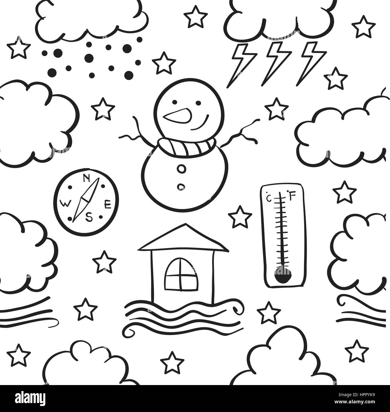 Doodle weather set cloud thunder Black and White Stock Photos & Images ...