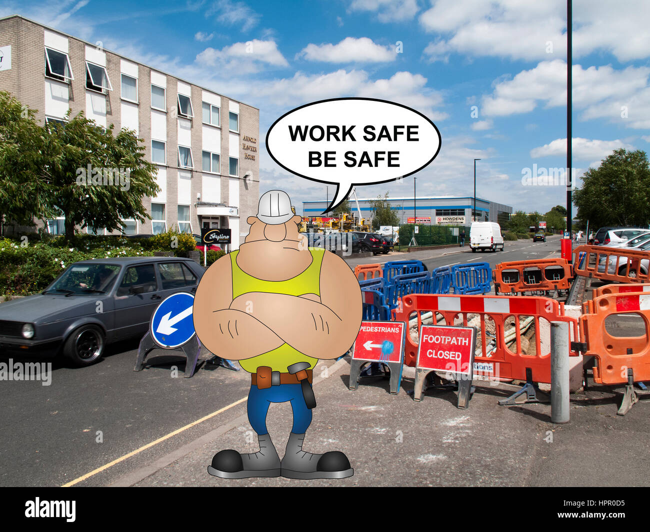 Footpath closed to pedestrians due to road works with safety signs and ...