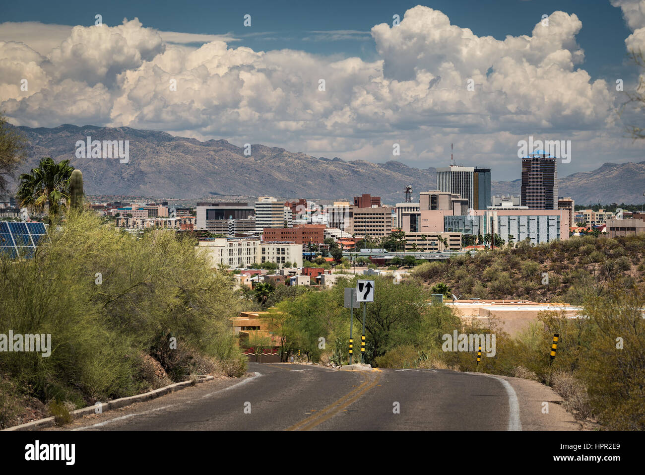 Tucson downtown and Santa Catalina Mountain from road to Sentinel Peak Park, Tucson, Arizona, USA Stock Photo