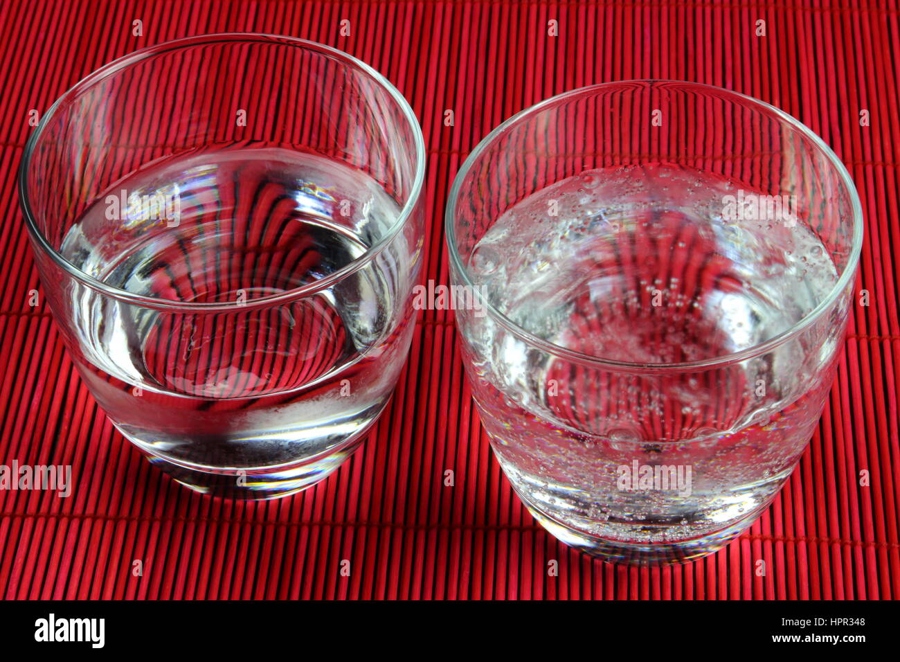 A glass of fresh, carbonated sparkling water and a glass of pure