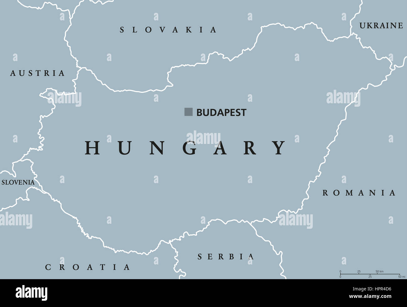 Hungary political map with capital Budapest, national borders and neighbor countries. Unitary parliamentary republic in Central Europe. Stock Photo