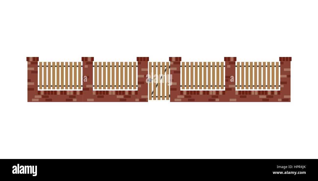Classic brick fence with wood planks and gate  Stock Vector